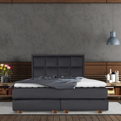 Pat boxspring Maggiore, tapiterie patrate mari, cu inaltime capat pat 140 cm, saltea inclusa, topper inclus